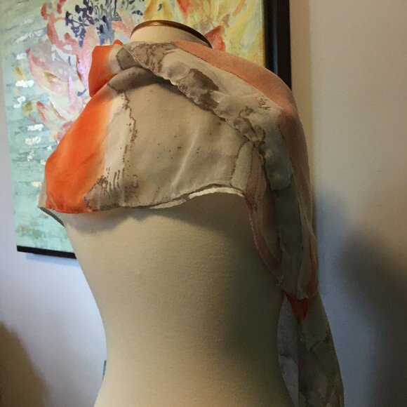 Vex Collection Beautiful Watercolour Wash Scarf In Orange, White & Grey - Picture 5 of 13